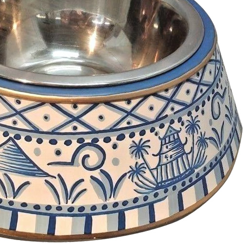 Blue Willow Metal Chinoiserie Dog Bowl from eBay