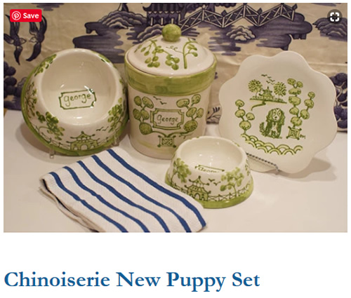 Green Chinoiserie Personalized New Puppy Dog Dishes and Treat Container from Indigo Home Shop