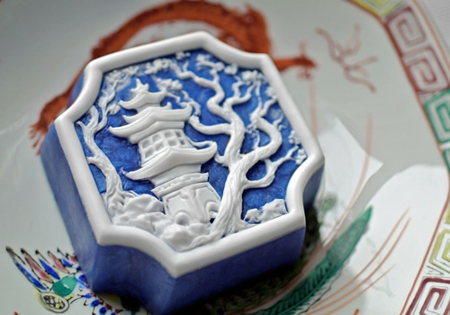 Blue Willow Soap Oriental Pagoda Temple with Plum Tree Soap Handmade Soap in Lapis Color