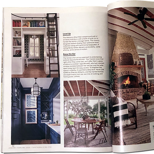 January/February 2020 issue of Southern Living article Farmhouse on the Water by Valerie Rains with Photographs by Hector Manuel Sanchez and Styling by Elizabeth Demos shows a McGee & Co. Morris Lantern in the