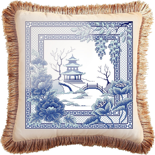 Awesocrafts Blue Willow Pagoda Cross Stitch Kit made into a pillow