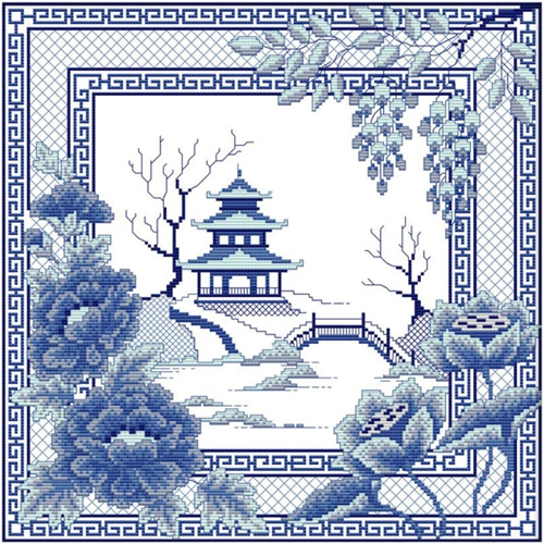 Awesocrafts Blue Willow Cross Stitch Kit with Pagoda, Bridge, florals and bands