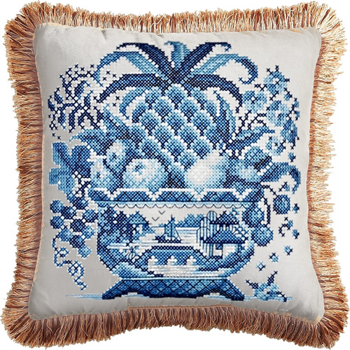 Janlynn Blue Willow Big Stitch Cross Stitch Kit turned into a pillow