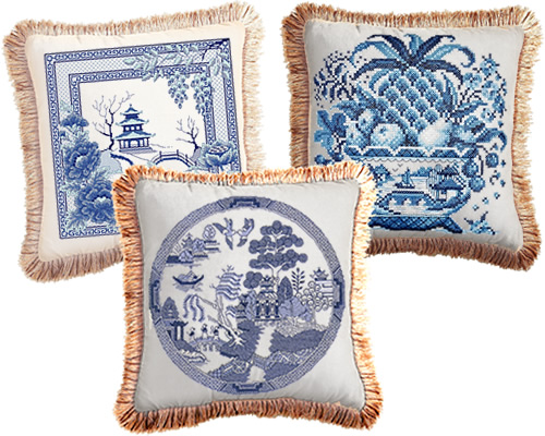 Awesocrafts Blue Willow Pagoda and Bridge Cross Stitch Kit, Janlynn Big Stitch Cross Stitch Still Life Kit and Heritage Crafts Classic Spode Blue Willow turned into pillows turned into pillows