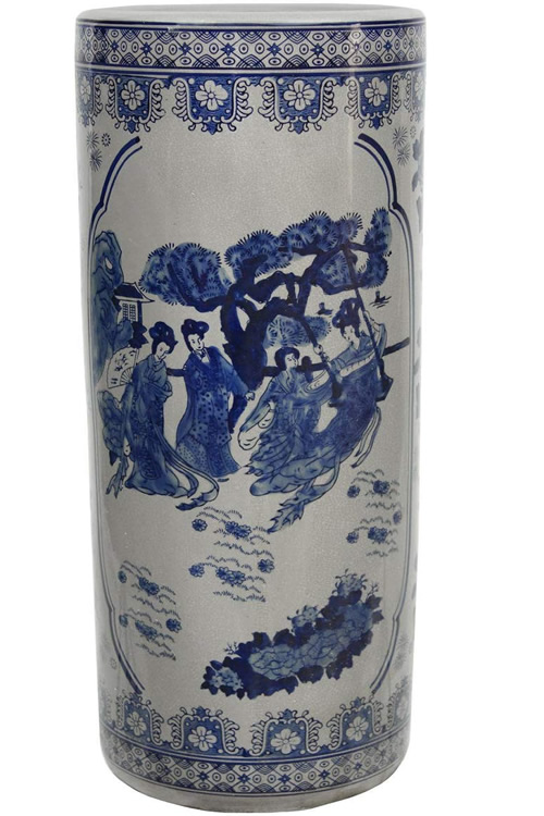 Chinoiserie Ladies in Blue and White Porcelain Umbrella Stand