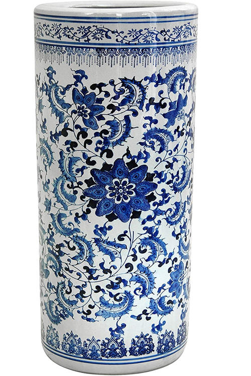 Ming Vine and Flower Design applied in cobalt blue on white Umbrella Stand with Antiqued Crackle Glaze