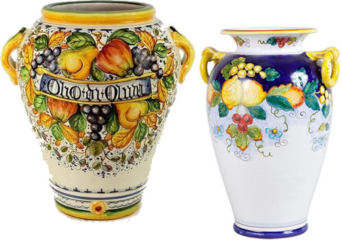 Olio di Oliva Opulent Fruit and Olives Umbrella Stand from the FRUTTA Collection and Daphne Hand Painted Lemons Italian Ceramic Umbrella Stand From Deruta