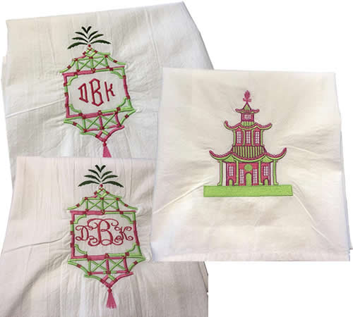 Embroidered Palm Pagoda Frame Towel with Monogram by Jessiemae