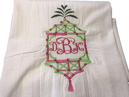 Embroidered Palm Pagoda Frame Towel with Monogram by Jessiemae