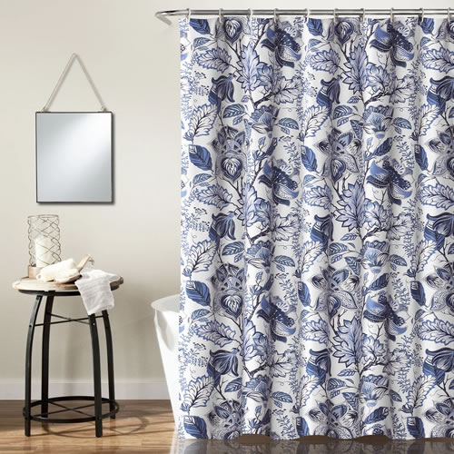 Lush Décor Cynthia Blue and White Jacobean Print Shower Curtain