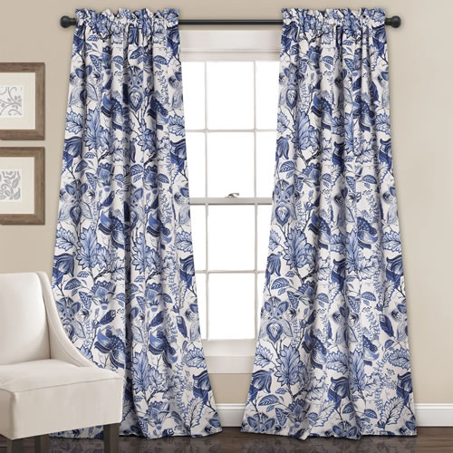 Lush Décor Cynthia Blue and White Jacobean Print window treatments come in lengths from 63 inches to 120 inches.