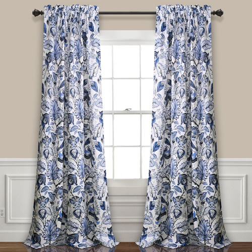 Lush Décor Cynthia Blue and White Jacobean Print window treatments come in lengths from 63 inches to 120 inches.