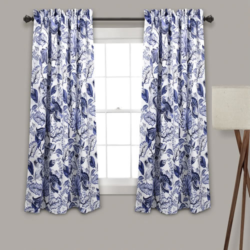 Lush Décor Cynthia Blue and White Jacobean Print window treatments come in lengths from 63 inches to 120 inches.