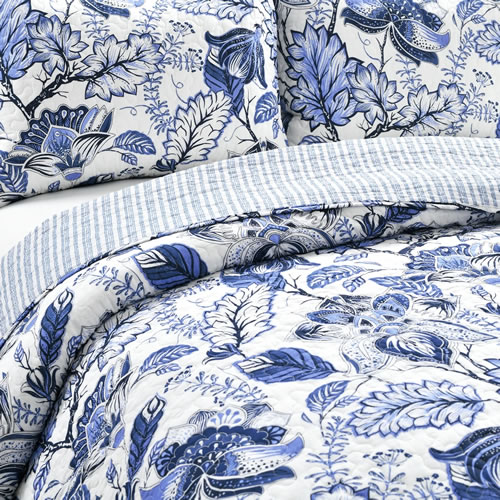 100% Cotton Blue and White Jacobean Print Bedding