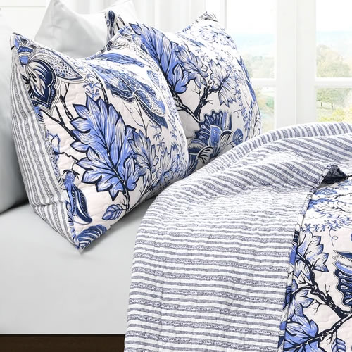 Blue and White Jacobean Print on one side, white with blue stripes in the same shades of blue on the other side