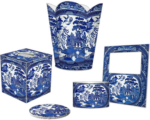 Marye-Kelley Tissue Box Cover, Scalloped Waste Paper Basket, Letter Box, Picture Frame and Paperweight in Blue Willow