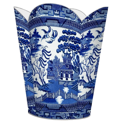 Marye-Kelley Blue Willow Wastepaper Basket with a Scalloped Top