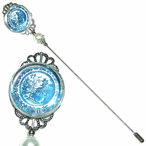 Long Victorian Blue Willow Hat Pin