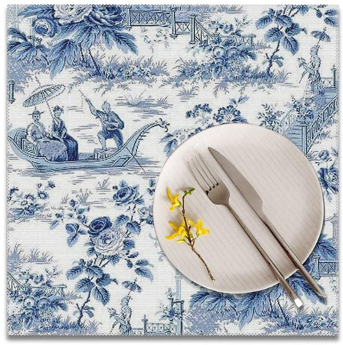 12” Square Placemats with a Chinoiserie Toile Pattern