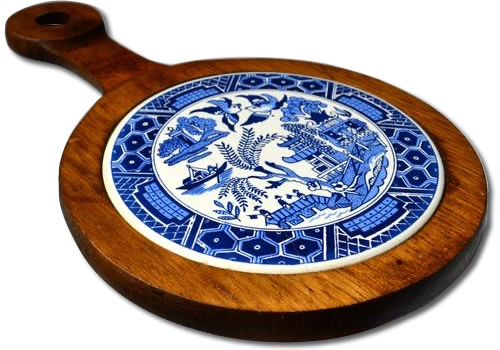 Wood Serving Board with Blue Willow Ceramic Center from eBay