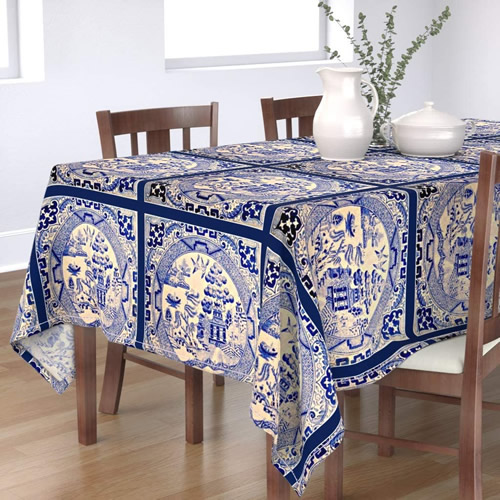 Roostery Blue on White Asian Victorian Tile Print Cotton Sateen Tablecloth