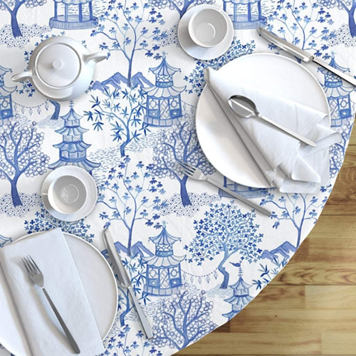 Roostery Pagoda Blue and White Chinoiserie Toile Cloud Willow Landscape Round Table Cloth