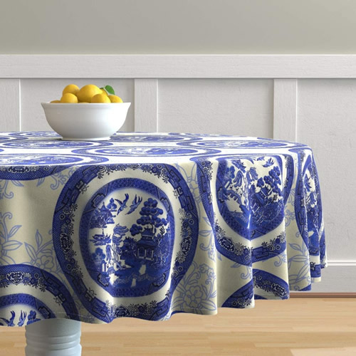 Roostery Blue Willow Plate Cotton Sateen Tablecloth