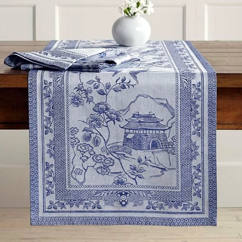 Tablecloth Toile Blue French Romantic And White Willow Ware Cobalt Cotton Sateen