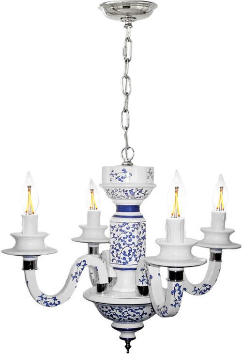 White Porcelain Chandelier with Cobalt Blue Vines and Leaves