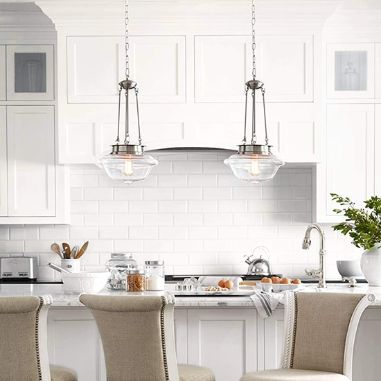 Modern Farmhouse Kitchen with Possini Euro Design Astrid Schoolhouse Pendants