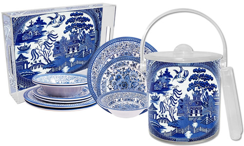 Marye-Kelley Blue Willow Lucite Tray, First Design Global Blue and White Melamine Dinnerware and Marye-Kelley Blue Willow Lucite Ice Bucket