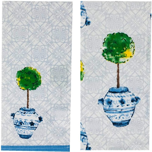 Boston International Blue Topiary Pattern Tea Towels