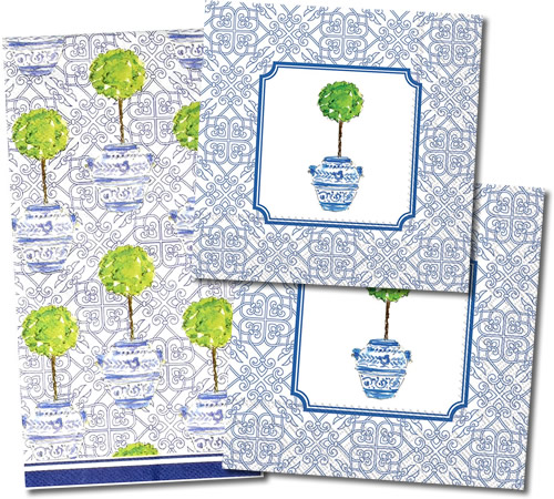 Boston International Blue Topiary Pattern Paper Napkins come in three sizes