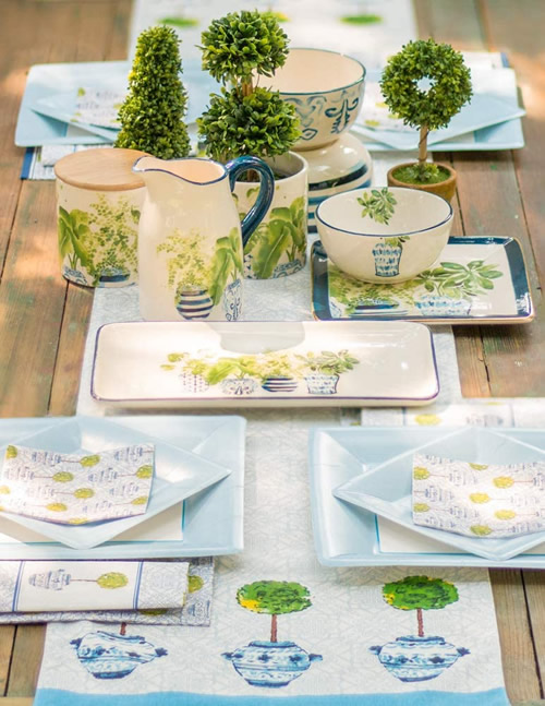 Boston International Blue Topiary Pattern Pitcher, Bowls, Plates, Napkins, Canisters and Table Runner