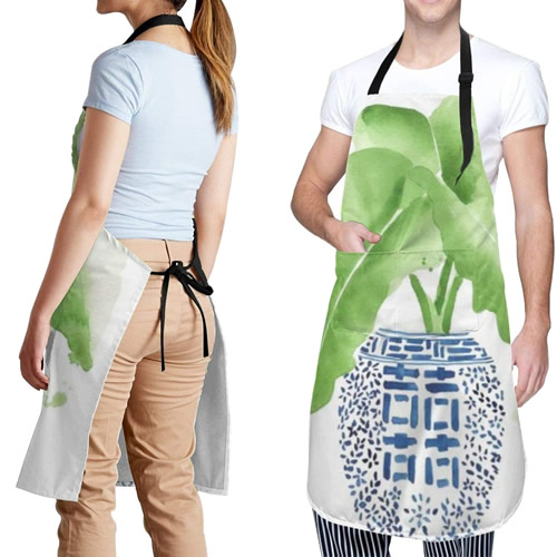 Apron with Water Color Blue and White Chinoiserie Ginger Jar with Elephant Ear Plant