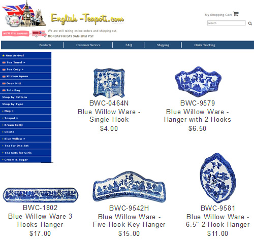 Blue Willow Hooks on English-Teapots.com