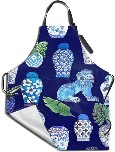 Chinoiserie Foo Dogs and Ginger Jars Apron in Blue and White