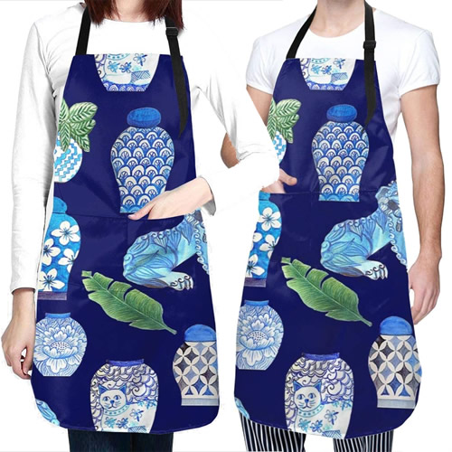 Chinoiserie Foo Dogs and Ginger Jars Apron in Blue and White