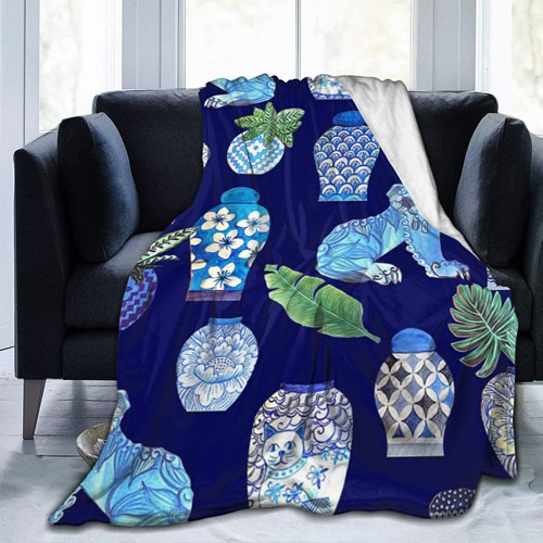 Blue and White Chinoiserie Foo Dogs and Ginger Jars Throw Blanket