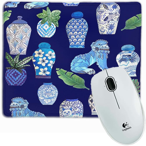 Blue and White Chinoiserie Foo Dogs and Ginger Jars Mouse Pad