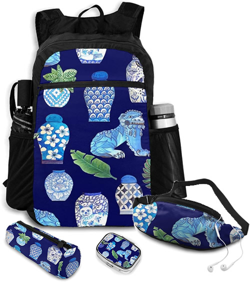 Backpack, Zip Case, Fanny Pack and Pillbox with Foo Dogs and Blue and White Ginger Jars