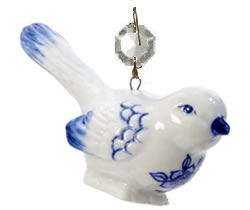 Kurt Adler Blue and white Porcelain Bird Ornaments have a ring set into the porcelain, so they could be attached to a crystal drop