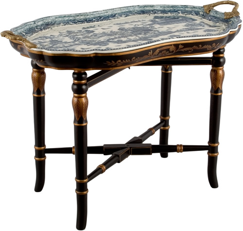 Blue Willow Pattern Porcelain Tray with Brass Handles on Black Lacquer Table with Gilt details