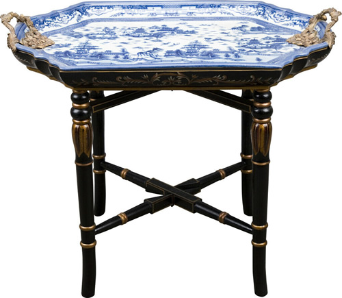 Blue Willow Pattern Porcelain Tray with Brass Handles on Black Lacquer Table with Gilt details