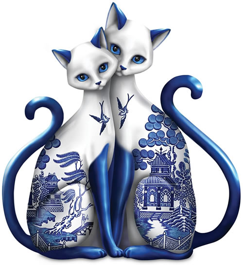 Purr-ecious Blessing of Two Lovers Blue Willow Cats Porcelain Figurine from The Hamilton Collection