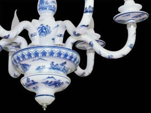 Caslo Lighting Hand Painted Porcelain Chandelier with Chinoiserie Landscape in Blue and White