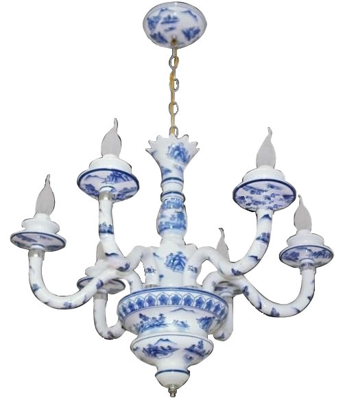 Caslo Lighting Hand Painted Porcelain Chandelier with Chinoiserie Landscape in Blue and White