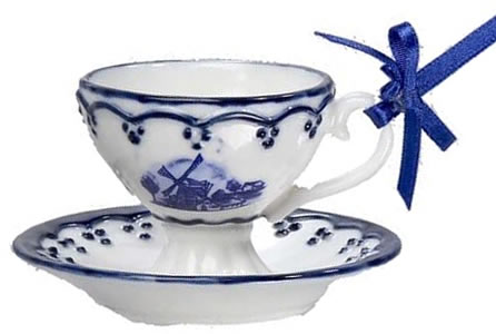 Kurt Adler 2" Porcelain Delft Blue Cup and Saucer Ornament with a Windmill