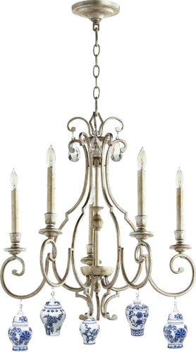 Quorum 6014-5-60 Ansley Chandelier in Aged Silver Leaf finish with Bandwagon Mini Ginger Jar Ornaments