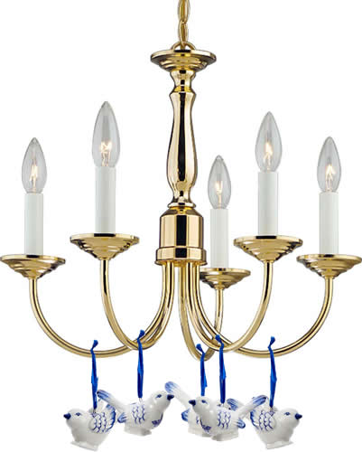 Progress Lighting Polished Brass Traditional Chandelier with Kurt Adler Blue and white Porcelain Bird Ornaments